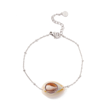 Natural Cowrie Shell Link Bracelet with Satellite Chain for Women, Stainless Steel Color, Seashell Color, 6-1/2 inch(16.4cm)
