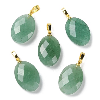 Natural Green Aventurine Pendants, Faceted Oval Charms with Golden Plated Brass Snap on Bails, 21.8x13.4~13.5x6.2mm, Hole: 5.3x3.7mm