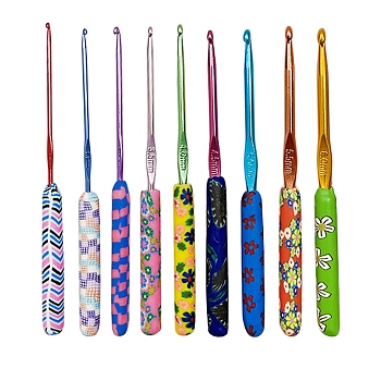 9Pcs Printed Aluminum Diverse Size Crochet Hooks Set, with Handle, for Braiding Crochet Sewing Tools, Mixed Color, 150x95x10mm