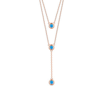 SHEGRACE 925 Sterling Silver Two-Tiered Necklaces, with Three Round Blue AAA Cubic Zirconia Pendant, Rose Gold, 14.96 inch~16.54 inch(38~42cm)