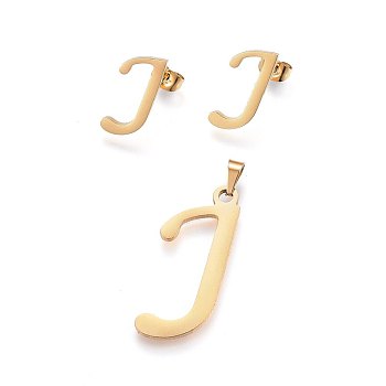 304 Stainless Steel Pendants and Stud Earrings Jewelry Sets, Alphabet, Letter.J, 32x13.5x1.5mm, Hole: 6x3mm, 17x8x1.5mm, Pin: 0.8mm