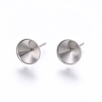 201 Stainless Steel Stud Earring Settings, with 304 Stainless Steel Pin, Cone, Stainless Steel Color, Tray: 8mm, 14mm, Pin: 0.8mm
