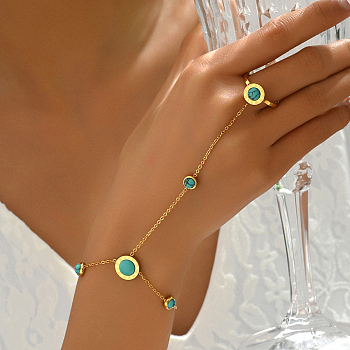 Vintage Real 18K Gold Plated Stainless Steel Synthetic Turquoise Link Ring Bracelets for Women