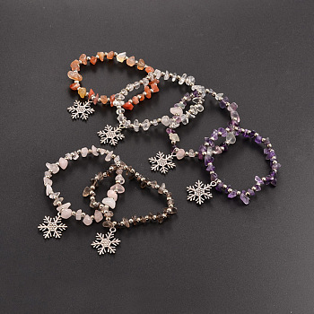 Natural Gemstone Beaded Stretch Kids Charm Bracelets, with Iron Beads and Tibetan Style Snowflake Pendants, Mixed Color, 45mm