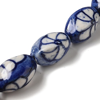 Handmade Porcelain Beads, Oval with Flower, Midnight Blue, 18~19x12~13.5mm, Hole: 1.6mm