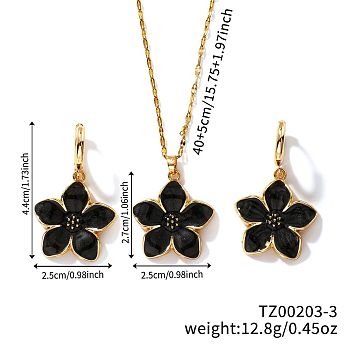 Rustic Style Brass Enamel Flower Jewelry Set, Hoop Earrings & Pendant Necklaces Set for Women, Black