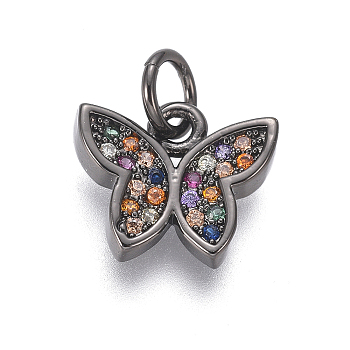 Brass Micro Pave Cubic Zirconia Charms, with Jump Rings, Butterfly, Colorful, Gunmetal, 9.5x11x2mm, Hole: 3mm