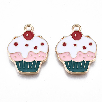 Eco-Friendly Alloy Enamel Pendants, Cadmium Free & Lead Free & Nickel Free, Cup Cake, Light Gold, Colorful, 22x17x1.2mm, Hole: 1.8mm