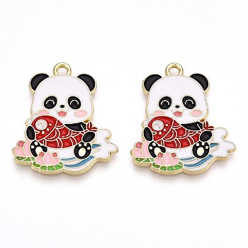 Alloy Enamel Pendants, Lead Free & Cadmium Free, Panda Shape Charms, Golden, White, 27x23x1.2mm, Hole: 1.8mm