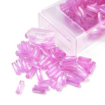 10G Ceylon Glass Twist Bugle Beads, Transparent Colours Rainbow, Magenta, 6.5x2mm, Hole: 0.8mm