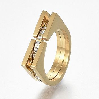 304 Stainless Steel Wide Band Finger Rings, with Rhinestone, Size 9, Golden, 19mm