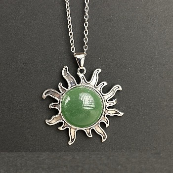 Natural Green Aventurine Sun Pendant Alloy Chain Vintage Necklaces, Platinum, 19.69 inch(50cm)