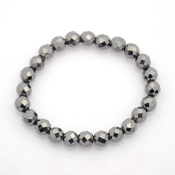 Non-Magnetic Hematite Stretch Bracelets, Faceted Round, Black, 62mm, Beads: 8mm