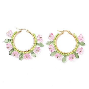 Glass Flower Hoop Earrings, with 304 Stainless Steel Earrings Fingings, Golden, Pink, 40x9x47mm