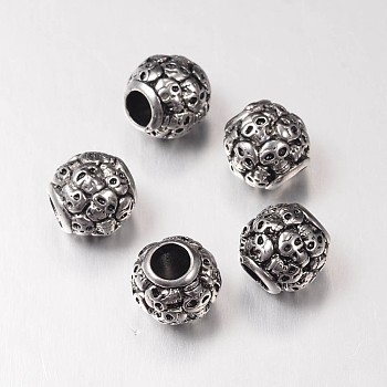 Retro Rondelle with Skull 304 Stainless Steel European Large Hole Beads, Antique Silver, 12x12mm, Hole: 5mm, 5pcs/set