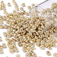 6/0 Glass Seed Beads, Metallic Colours Style, Round, Gold, 6/0, 4mm, Hole: 1.5mm, about 4500pcs/pound(SEED-A017-4mm-1107)