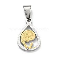Vacuum Plating 304 Stainless Steel Pendants, with Rhinestone, Teardrop with Human Charm, Golden & Stainless Steel Color, 18x12x2mm, Hole: 7x3mm(STAS-D087-03GP)