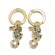 Alloy Micro Pave Cubic Zirconia Dangle Hoop Earrings, Long-Lasting Plated, Sea Horse, Colorful, Golden, 31.5mm, Pin: 0.8mm(EJEW-F209-01G)