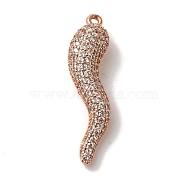 Rack Plating Brass Micro Pave Cubic Zirconia Pendant, Cadmium Free & Lead Free, Long-Lasting Plated, Horn of Plenty/Italian Horn Cornicello Charms, Rose Gold, 30.5x12x7mm, Hole: 1.2mm(KK-A229-03G-RG)