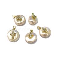 Natural Cultured Freshwater Pearl Pendants, with Brass Micro Pave Cubic Zirconia Cabochons, Nuggets with Cross, Clear, Golden, 14~16x10~12mm, Hole: 1.5mm(PEAR-J004-39G)
