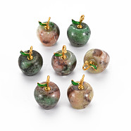 Natural Map Stone/Picasso Stone/Picasso Jasper Pendants, with Golden Tone Brass and Green Enamel, Dyed, Apple, Medium Sea Green, 18~19x14mm, Hole: 2x4mm(G-T111-17B)