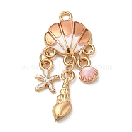 Alloy Enamel Pendants, Light Gold, Shell with Starfish & Conch Charm, Pink, 35x15x3mm, Hole: 2mm(FIND-Z006-11C-KCG)