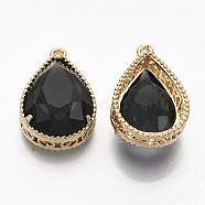 Faceted Glass Pendants, with Golden Tone Brass Open Back Settings, Teardrop, Black, 23x15.5x6.5mm, Hole: 1.5mm(GLAA-T010-016A)