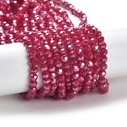 Electroplate Opaque Glass Beads Strands, Faceted(32 Facets), Pearl Luster Plated, Round, Cerise, 4mm, Hole: 0.7mm, about 88~95pcs/strand, 12.99~14.06 inch(33~35.7cm)(EGLA-A035-P4mm-A16)