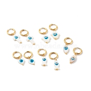 304 Stainless Steel Huggie Hoop Earrings, with Natural Shell Beads, Mixed Shapes with Evil Eye, Dodger Blue, Golden, 29~43mm, Pin: 1mm(EJEW-JE04533)