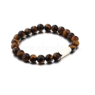 Natural Tiger Eye Round Beaded Stretch Bracelet, with Stamping Blank Stainless Steel Cube Beaded, 7-1/4 inch(18.5cm)(PW-WG80752-05)