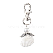 Angel Spiral Shell Pendant Decooration, Glass Pearl Round Bead & Alloy Swivel Lobster Claw Clasps Charms for Bag Ornaments, Wing, 61.5mm.(HJEW-JM01964-01)