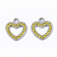 304 Stainless Steel Pendants, with Rhinestone, Heart, Stainless Steel Color, Citrine, 15x14x2mm, Hole: 1.5mm(X-STAS-T050-008P-06)