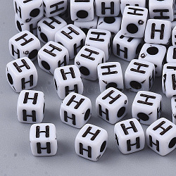 White Opaque Acrylic Beads, Horizontal Hole, Cube with Black Alphabet, Letter.H, 4~5x4~5x4~5mm, Hole: 1.8mm, about 240pcs/20g(X-MACR-R869-02H)