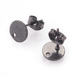 304 Stainless Steel Ear Stud Findings, with Ear Nuts/Earring Backs and Hole, Textured Flat Round with Cross Grain, Electrophoresis Black, 8mm, Hole: 1.2mm, Pin: 0.8mm(STAS-O119-17A-B)