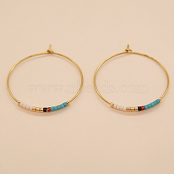 Glass Seed Beaded Hoop Earrings, Boho Beach Earrings, Dark Turquoise, 30x30mm(XS8443-6)