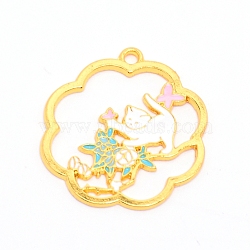 Alloy Enamel Pendants, Flower with  White Cat, Cadmium Free & Lead Free, Golden, 28.5x26.5x1.2mm, Hole: 2mm(ENAM-WH0047-70G-RS)