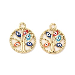 Alloy Enamel Pendants, Long-Lasting Plated, Golden, Flat Round with Tree & Evil Eye Charm, Colorful, 20x16x1.5mm, Hole: 2mm(ENAM-K069-39G)