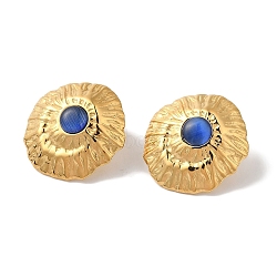 Golden Ion Plating(IP) 304 Stainless Steel Stud Earrings for Women, with Cat Eye, Nuggets With Textured, Blue, 23x21mm(EJEW-L287-053G-02)