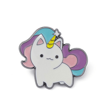 Unicorns Alloy Enamel Brooches for Backpack Clothes, Gunmetal, White, 29x30.5x1.6mm, Pin: 1.1mm