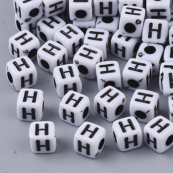 White Opaque Acrylic Beads, Horizontal Hole, Cube with Black Alphabet, Letter.H, 4~5x4~5x4~5mm, Hole: 1.8mm, about 240pcs/20g