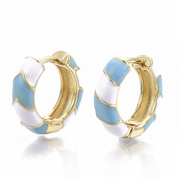 Brass Huggie Hoop Earrings, with Two Tone Enamel, Real 18K Gold Plated, Sky Blue, 16x16.5x5mm, Pin: 1x1mm