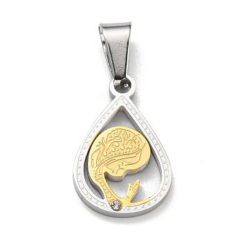 Vacuum Plating 304 Stainless Steel Pendants, with Rhinestone, Teardrop with Human Charm, Golden & Stainless Steel Color, 18x12x2mm, Hole: 7x3mm