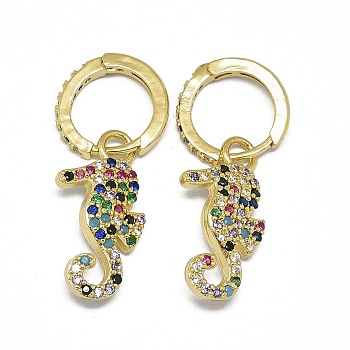 Alloy Micro Pave Cubic Zirconia Dangle Hoop Earrings, Long-Lasting Plated, Sea Horse, Colorful, Golden, 31.5mm, Pin: 0.8mm