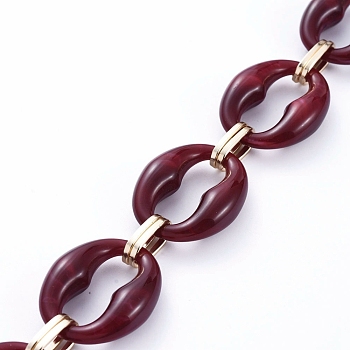Handmade Imitation Gemstone Style Acrylic Oval Link Chains, with Aluminum Linking Rings, Light Gold, Dark Red, Link: 31x26x9mm, 15x8x1mm, 39.37 inch(1m)/strand