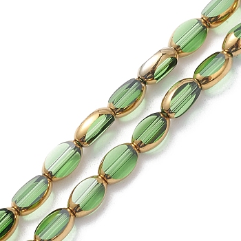 Electroplate Glass Beads Strands, Gold Plating, Oval, Green, 7x4x3mm, Hole: 1mm, about 50pcs/strand, 13.31''(33.8cm)