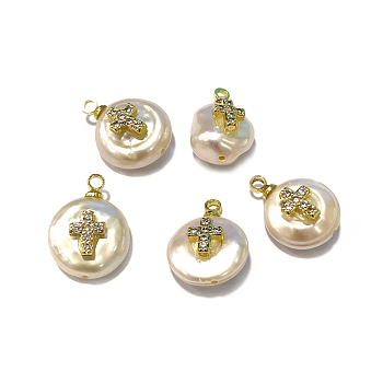 Natural Cultured Freshwater Pearl Pendants, with Brass Micro Pave Cubic Zirconia Cabochons, Nuggets with Cross, Clear, Golden, 14~16x10~12mm, Hole: 1.5mm