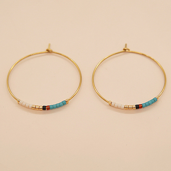 Glass Seed Beaded Hoop Earrings, Boho Beach Earrings, Dark Turquoise, 30x30mm
