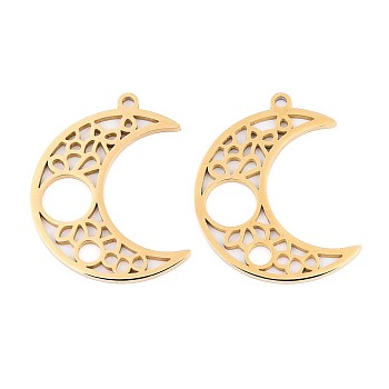304 Stainless Steel Pendants, Hollow Moon Charm, Ion Plating(IP), Real 18K Gold Plated, 32x24.5x1.5mm, Hole: 1.8mm