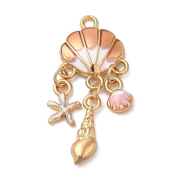 Alloy Enamel Pendants, Light Gold, Shell with Starfish & Conch Charm, Pink, 35x15x3mm, Hole: 2mm
