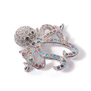 Brass Micro Pave Cubic Zirconia Links connectors, Octopus, Colorful, Platinum, 22.5x23x5mm, Hole: 1.2mm
